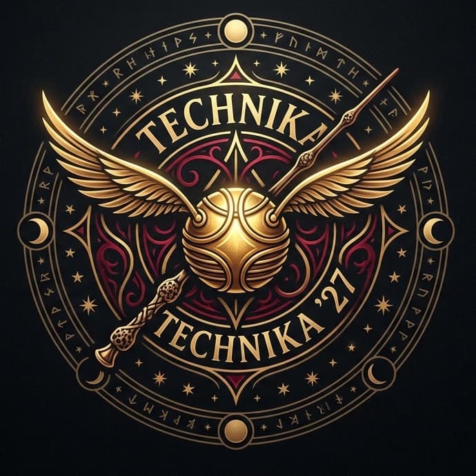 Technika 27 crest: a Golden Snitch, Elder Wand, and celestial gold seal