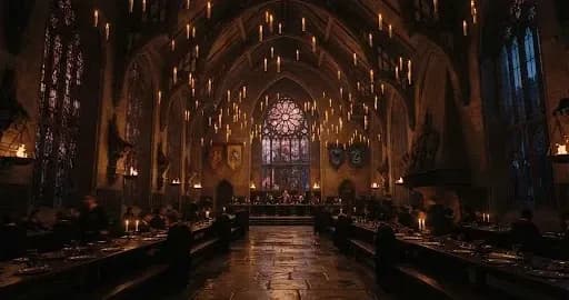 An enchanted Gothic great hall with soaring arches and warm candlelight
