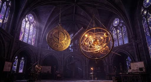 Golden celestial astrolabes in a vaulted observatory