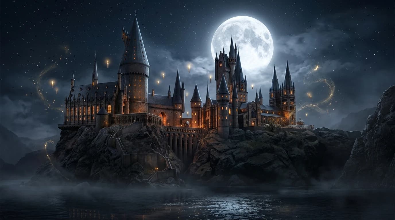 Moonlit Hogwarts castle above the misty Black Lake, with floating golden candles